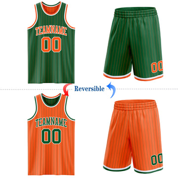Custom Kelly Green Orange Pinstripe-White Reversible Double Side Sublimation Basketball Set Jersey