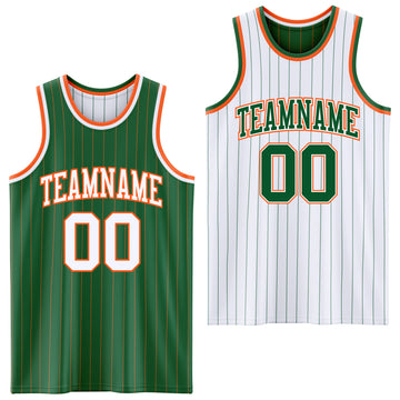 Custom Kelly Green Orange Pinstripe-White Reversible Double Side Sublimation Basketball Set Jersey