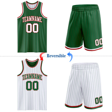 Custom Kelly Green Red Pinstripe-White Reversible Double Side Sublimation Basketball Set Jersey
