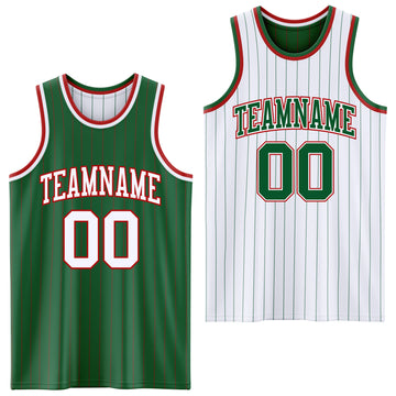 Custom Kelly Green Red Pinstripe-White Reversible Double Side Sublimation Basketball Set Jersey
