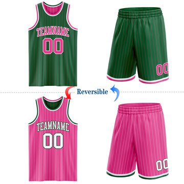 Custom Kelly Green Pink Pinstripe-White Reversible Double Side Sublimation Basketball Set Jersey