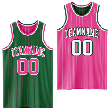 Custom Kelly Green Pink Pinstripe-White Reversible Double Side Sublimation Basketball Set Jersey