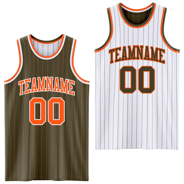 Custom Olive Orange Pinstripe-White Reversible Double Side Sublimation Basketball Set Jersey