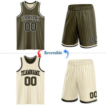 Custom Olive Cream Pinstripe-Black Reversible Double Side Sublimation Basketball Set Jersey