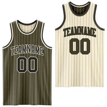 Custom Olive Cream Pinstripe-Black Reversible Double Side Sublimation Basketball Set Jersey