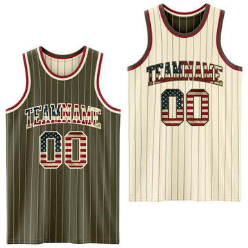 Custom Olive Cream Pinstripe Vintage USA Flag-Maroon Reversible Double Side Sublimation Basketball Set Jersey