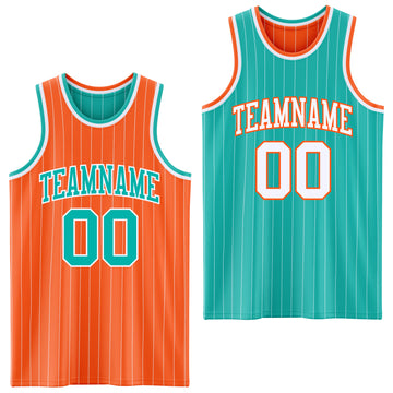 Custom Orange White Pinstripe-Aqua Reversible Double Side Sublimation Basketball Set Jersey