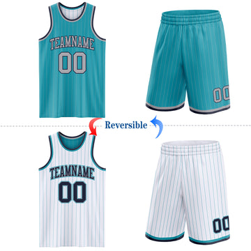 Custom Teal Gray Pinstripe-Navy Reversible Double Side Sublimation Basketball Set Jersey