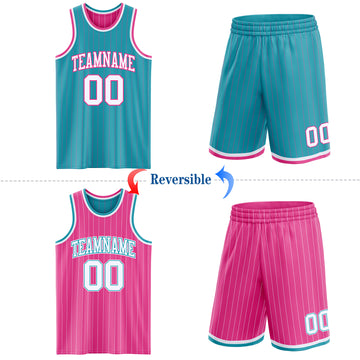 Custom Teal Pink Pinstripe-White Reversible Double Side Sublimation Basketball Set Jersey