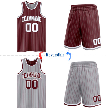 Custom Burgundy Gray Pinstripe-White Reversible Double Side Sublimation Basketball Set Jersey