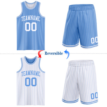 Custom Light Blue White Pinstripe Reversible Double Side Sublimation Basketball Set Jersey