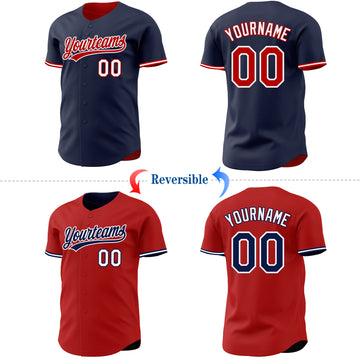 Custom Navy Red-White Reversible Button-Down Baseball Jersey