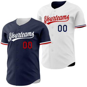 Custom Navy White-Red Reversible Button-Down Baseball Jersey