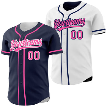Custom Navy Pink-White Reversible Button-Down Baseball Jersey