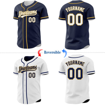 Custom Navy White-Old Gold Reversible Button-Down  Baseball Jersey