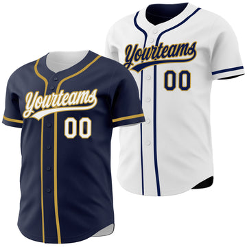Custom Navy White-Old Gold Reversible Button-Down  Baseball Jersey