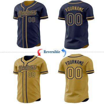 Custom Navy-Old Gold Reversible Button-Down Baseball Jersey