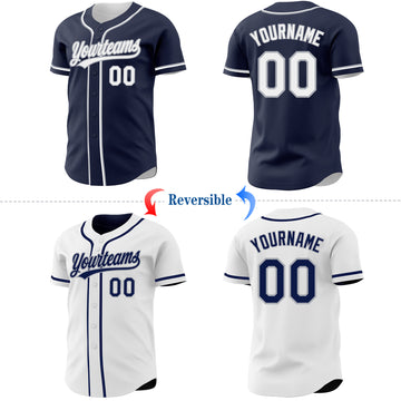 Custom Navy White-Gray Reversible Button-Down Baseball Jersey