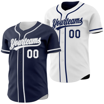 Custom Navy White-Gray Reversible Button-Down Baseball Jersey