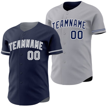 Custom Navy Gray-White Reversible Button-Down Baseball Jersey