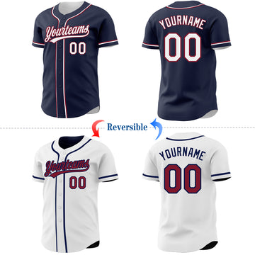 Custom Navy White-Crimson Reversible Button-Down Baseball Jersey