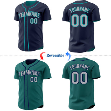 Custom Navy Gray-Teal Reversible Button-Down Baseball Jersey