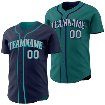 Custom Navy Gray-Teal Reversible Button-Down Baseball Jersey