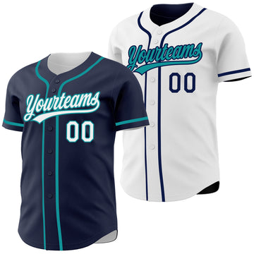 Custom Navy White-Teal Reversible Button-Down Baseball Jersey