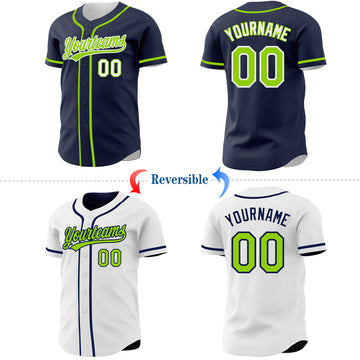 Custom Navy Neon Green-White Reversible Button-Down Baseball Jersey