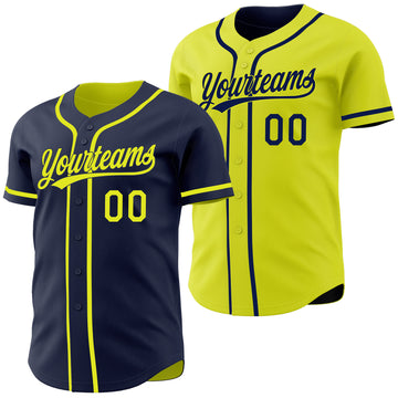 Custom Navy-Neon Yellow Reversible Button-Down Baseball Jersey