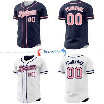 Custom Navy Medium Pink-White Reversible Button-Down Baseball Jersey