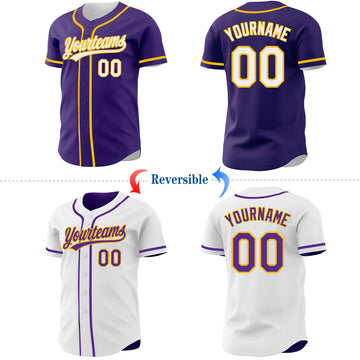 Custom Purple White-Gold Reversible Button-Down Baseball Jersey