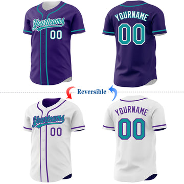 Custom Purple Teal-White Reversible Button-Down Baseball Jersey