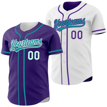 Custom Purple Teal-White Reversible Button-Down Baseball Jersey