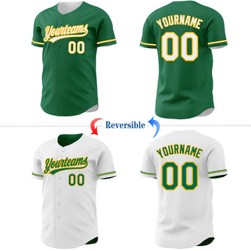 Custom Kelly Green White-Gold Reversible Button-Down Baseball Jersey
