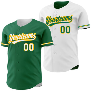 Custom Kelly Green White-Gold Reversible Button-Down Baseball Jersey