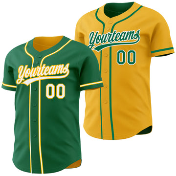Custom Kelly Green White-Gold Reversible Button-Down Baseball Jersey