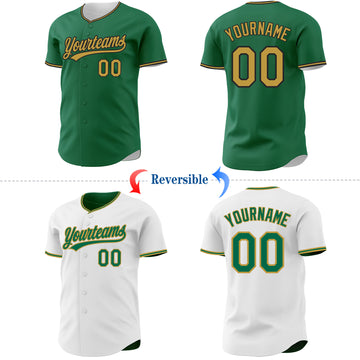 Custom Kelly Green Old Gold-Black Reversible Button-Down Baseball Jersey