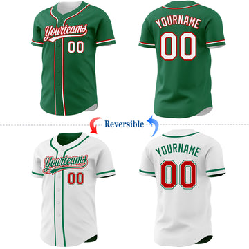 Custom Kelly Green White-Red Reversible Button-Down Baseball Jersey