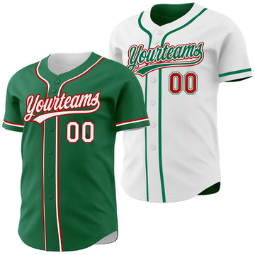 Custom Kelly Green White-Red Reversible Button-Down Baseball Jersey