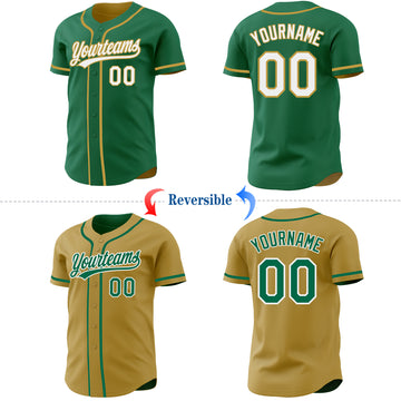 Custom Kelly Green White-Old Gold Reversible Button-Down Baseball Jersey