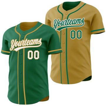 Custom Kelly Green White-Old Gold Reversible Button-Down Baseball Jersey