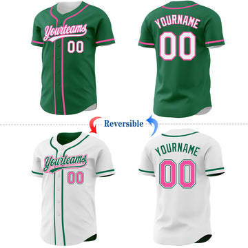 Custom Kelly Green White-Pink Reversible Button-Down Baseball Jersey