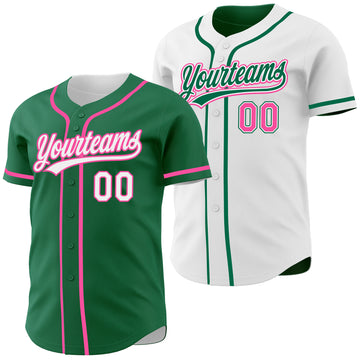 Custom Kelly Green White-Pink Reversible Button-Down Baseball Jersey
