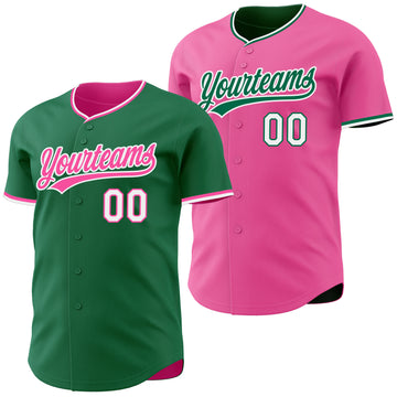 Custom Kelly Green Pink-White Reversible Button-Down Baseball Jersey