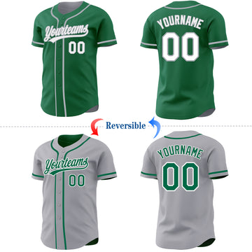 Custom Kelly Green White-Gray Reversible Button-Down Baseball Jersey