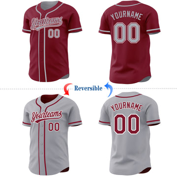 Custom Crimson Gray-White Reversible Button-Down Baseball Jersey