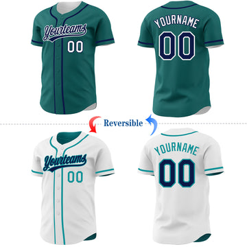 Custom Teal Navy-White Reversible Button-Down Baseball Jersey