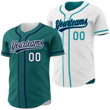Custom Teal Navy-White Reversible Button-Down Baseball Jersey