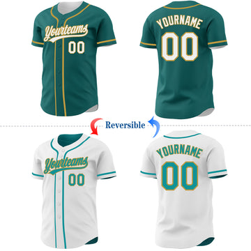 Custom Teal White-Old Gold Reversible Button-Down Baseball Jersey